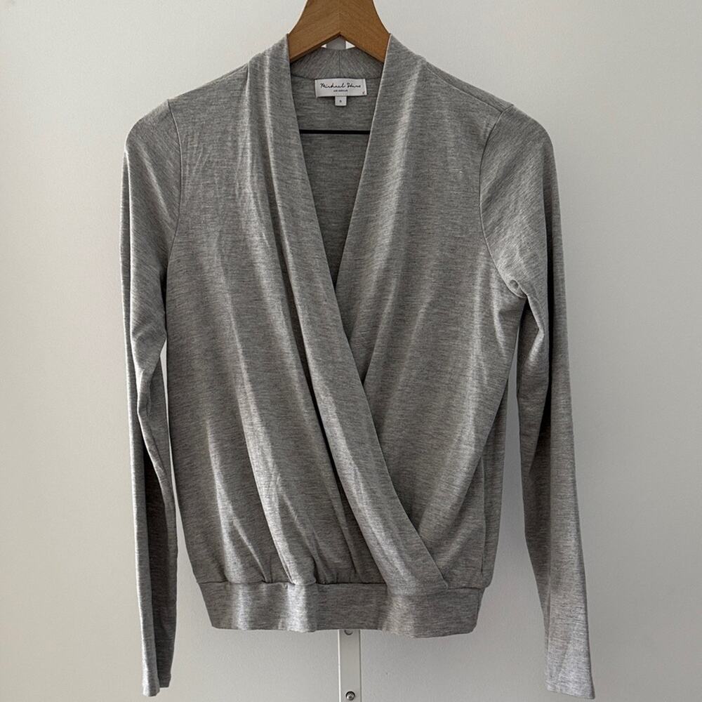 MICHAEL STARS Leighton Jules jersey faux wrap top heather gray small